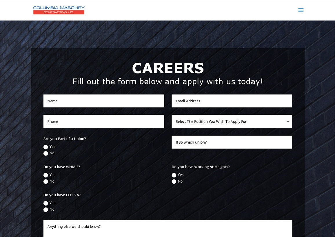 Columbia Masonry Careers Form Page